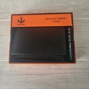 Anchor Men's Tri Fold Genuine Leather Wallet‎ Black RFID Protection